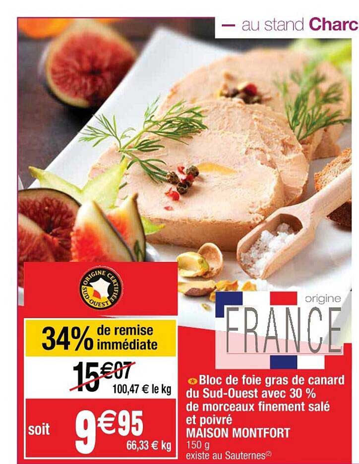 bloc de foie gras de canard du sud-ouest avec 30% de morceaux finement salé et poivré maison montfort