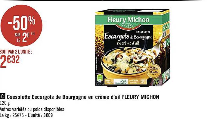 cassolette escargots de bourgogne en crème d'ail fleury michon
