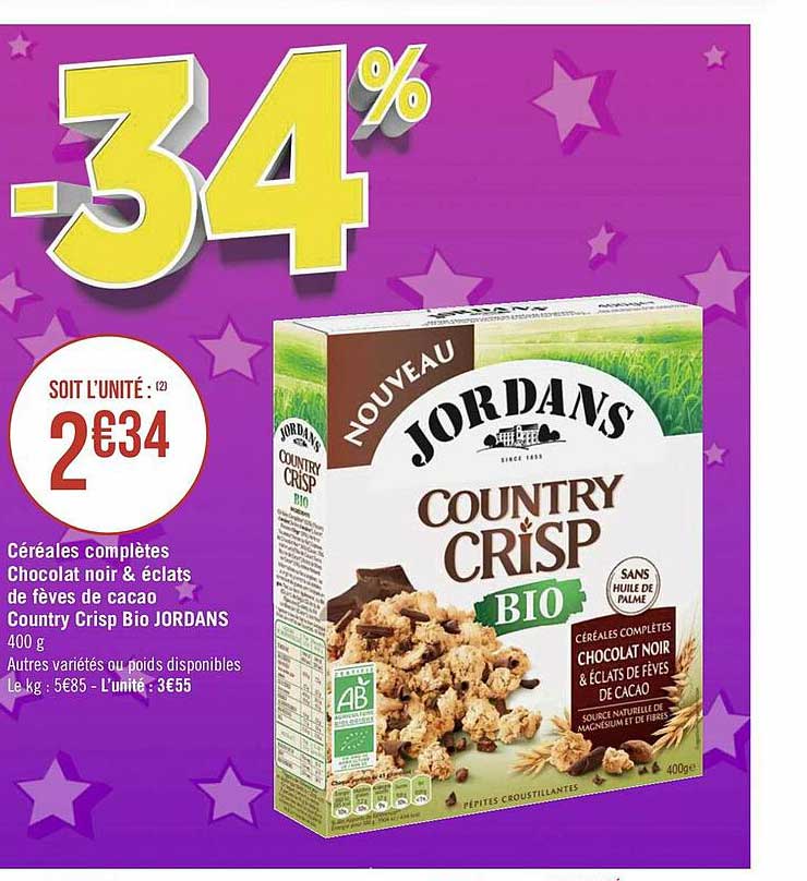céréales complètes chocolat noir & éclats de fèves cacao country crisp bio jordans