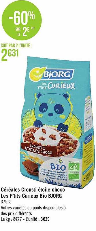 céréales crousti étoile choco les p'tits curieux bio bjorg