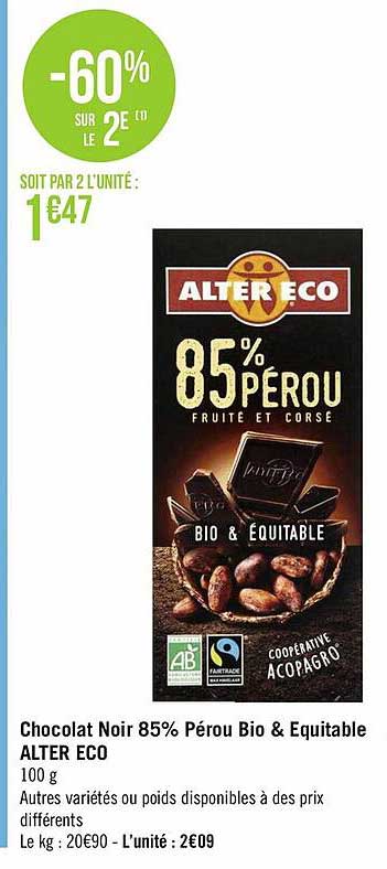 chocolat noir 85% pérou bio & équitable alter éco