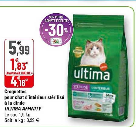 croquettes pour chat d'intérieur stérilisé à la dinde ultima affinity