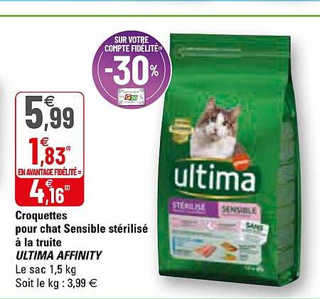 croquettes pour chat sensible stérilisé à la truite ultima affinity