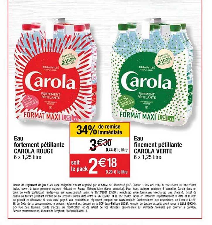 eau fortement pétillante carola rouge, eau finement pétillante carola verte