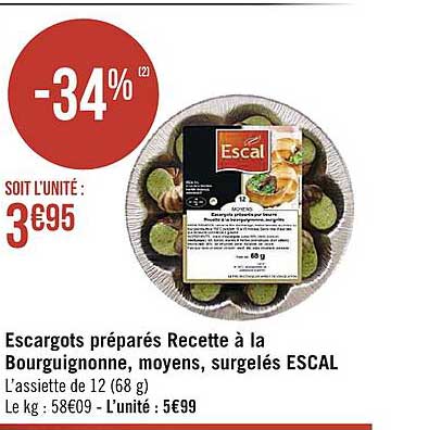 escargots préparés recette à la bourguignonne, moyens, surgelés escal