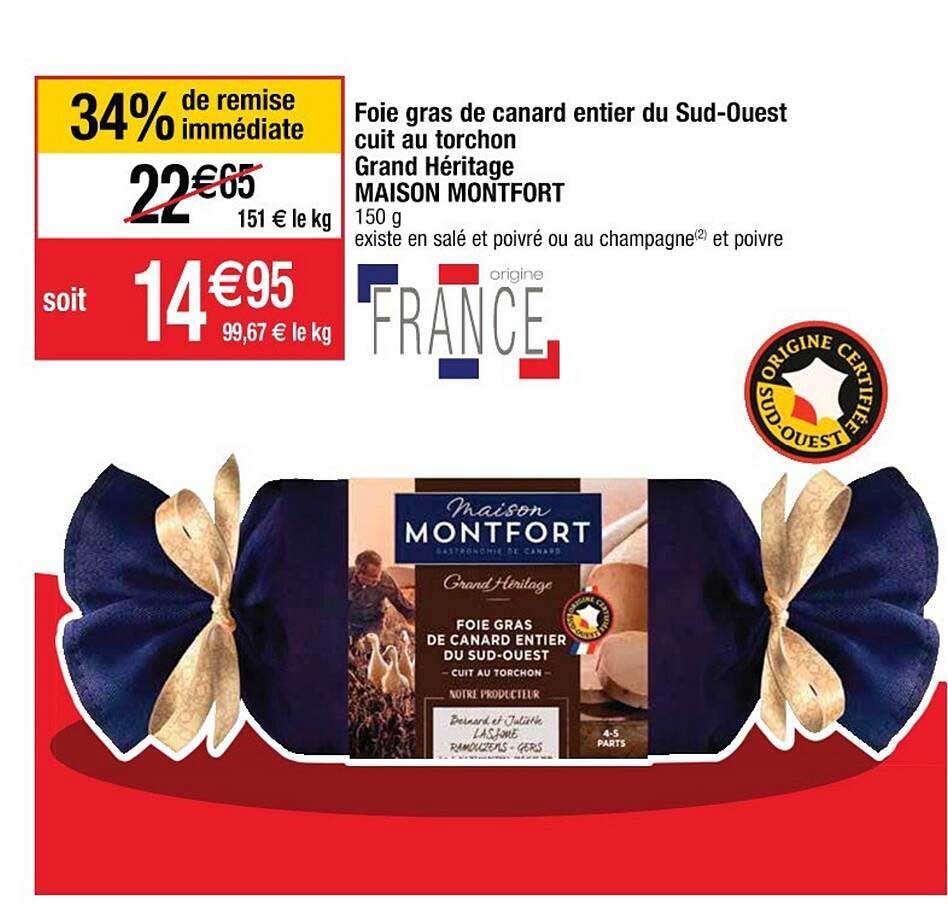 Foie Gras De Canard Entier Du Sud-ouest Cuit Au Torchon Grand Héritage Maison Montfort