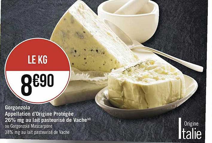 gorgonzola appellation d'origine protégée 26% mg ou lait pasteurisé de vache