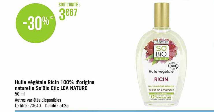 huile végétale ricin 100% d'origine naturelle so'bio étic léa nature