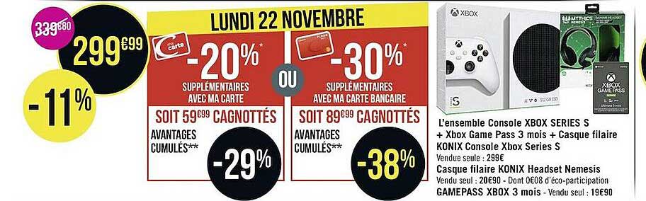 l'ensemble console xbox séries s + xbox game pass 3 mois + casque filaire konix game pass 3 mois + casque filaire konix console xbox séries s