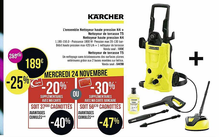 l'ensemble nettoyeur haute pression k4 + nettoyeur de terrasse t5, nettoyeur haute pression k4 kärcher