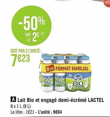lait bio et engagé demi-écrémé lactel