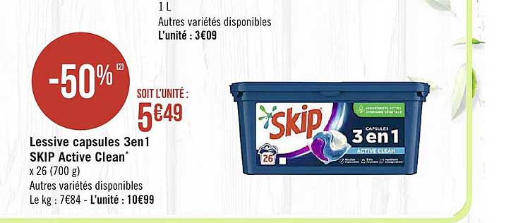 Lessive Capsules 3 En 1 Skip Active Clean