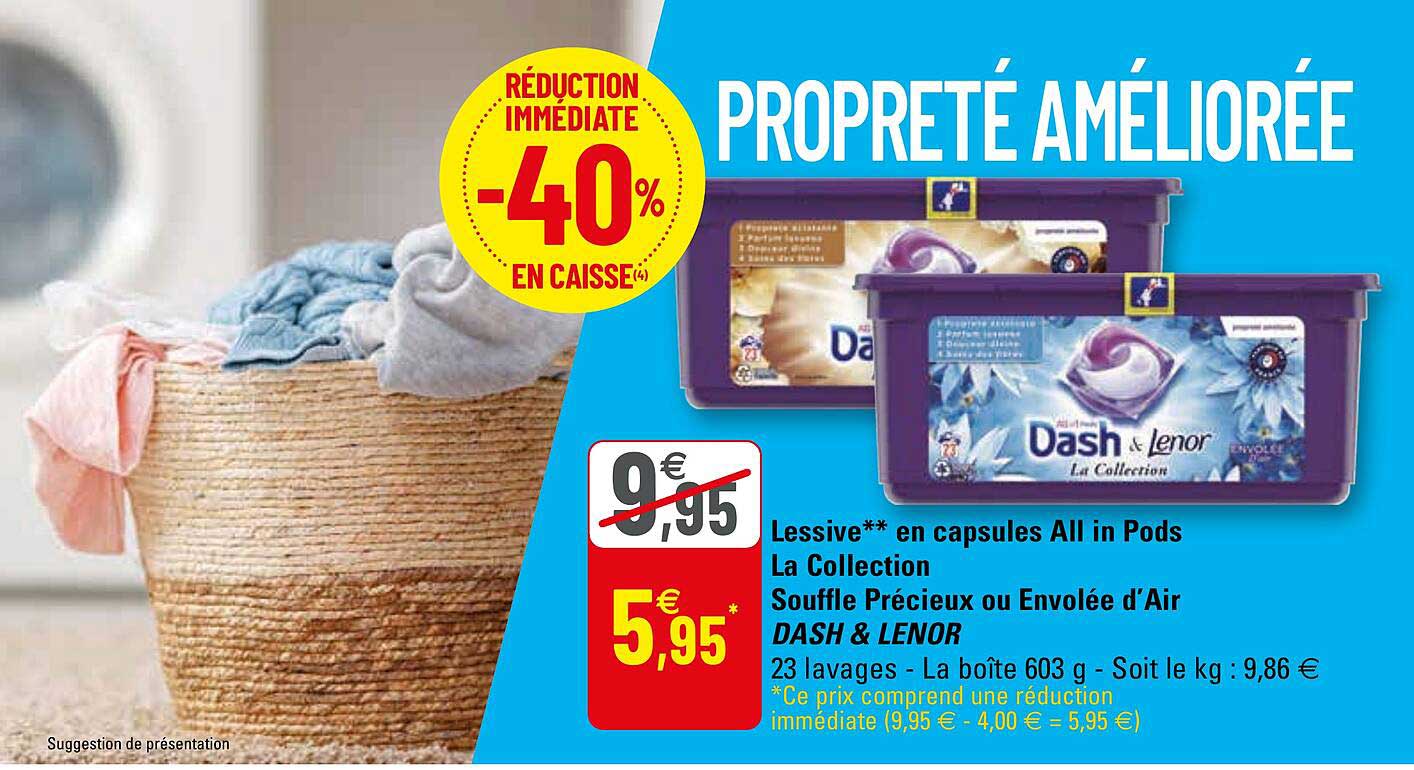 lessive en capsules all in pods la collection souffle précieux ou envolée d'air dash & lenor