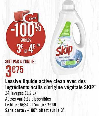 lessive liquide active clean avec des ingrédients actifs d'origine végétale skip