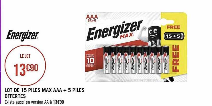 lot de 15 piles max aaa + 5 piles offertes energizer