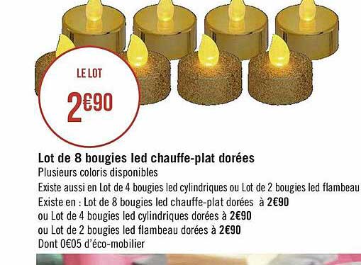lot de 8 bougies led chauffe-plat dorées