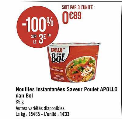 nouilles instantanées saveur poulet apollo dan bol