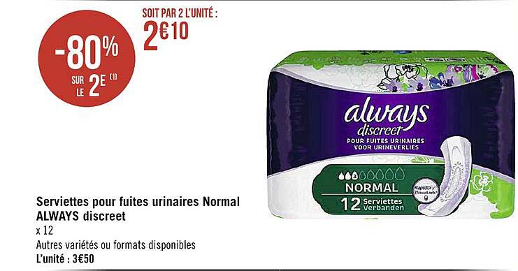 serviettes pour fuites urinaires normal always discreet