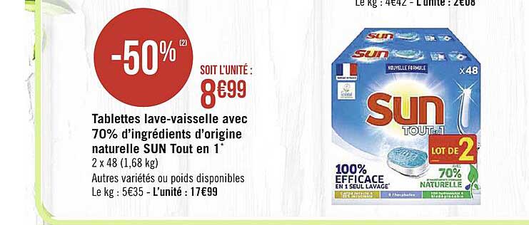 tablettes lave-vaisselle avec 70% d'ingrédients d'origine naturelle sun tout en 1