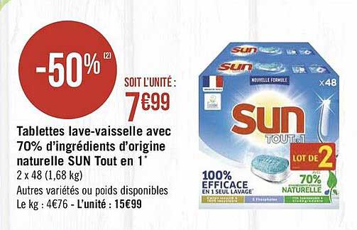 tablettes lave-vaisselle avec 70% d'ingrédients d'origine naturelle sun tout en 1