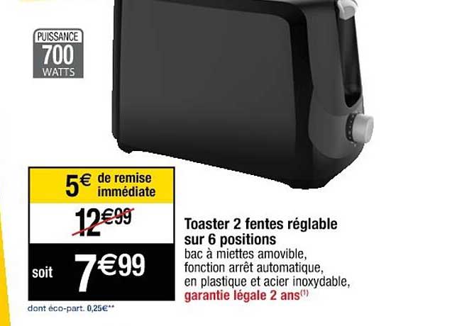 toaster 2 fentes réglable sur 6 positions
