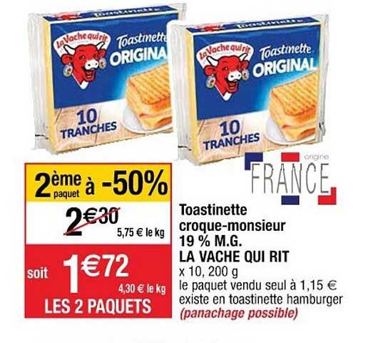 toastinette croque-monsieur 19% m.g. la vache qui rit