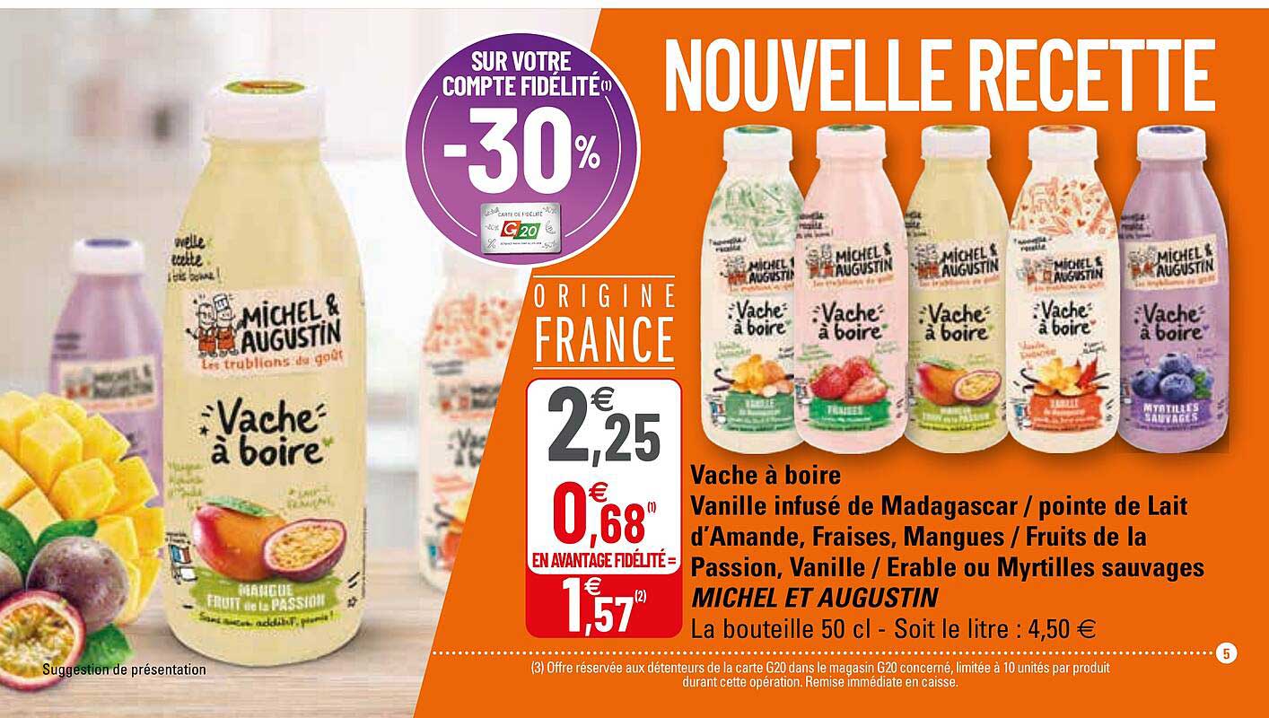 vache à boire vanille infusé de madagascar - pointe de lait d'amande, fraises, mangues - fruits de la passion, vanille - erable ou myrtilles sauvages michel et augustin