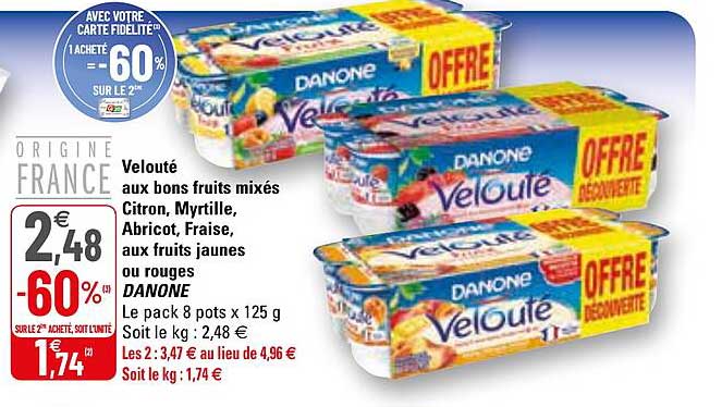 velouté aux bons fruits mixés citron, myrtille, abricot, fraise, aux fruits jaunes ou rouges danone