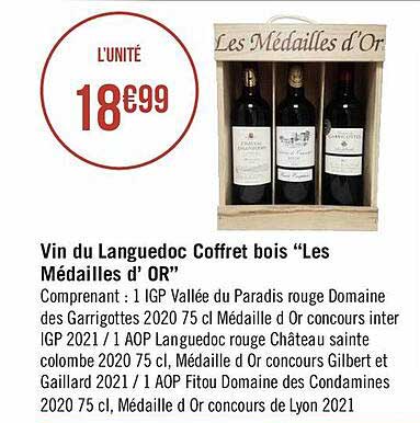 vin du languedoc coffret bois "les médailles d'or"