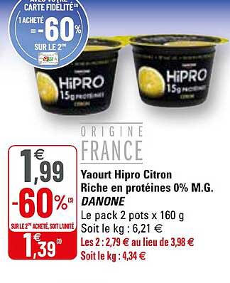 yaourt hipro citron riche en protéines 0% m.g. danone
