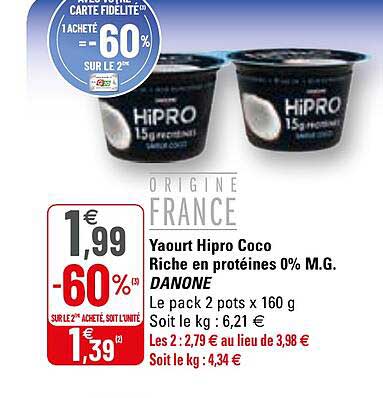 yaourt hipro coco riche en protéines 0% m.g. danone