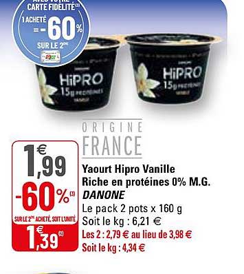 yaourt hipro vanille riche en protéines 0% m.g. danone