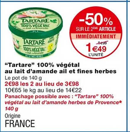 "tartare" 100% végétal au lait d'amande ail et fines herbes