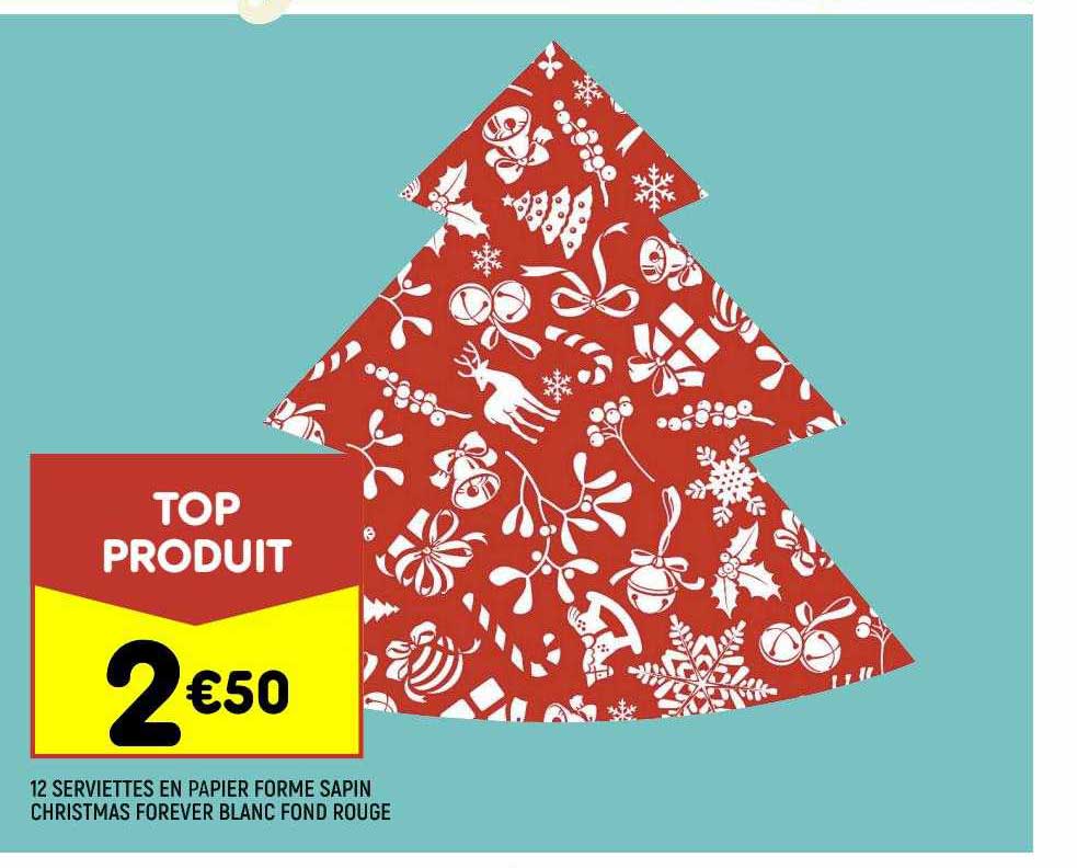 12 serviettes en papier forme sapin christmas forever blanc fond rouge