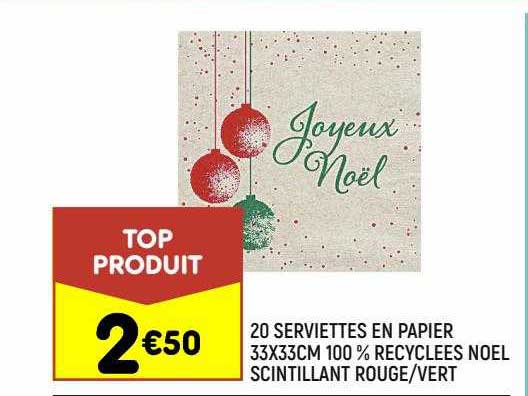 20 serviettes en papier 33 x 33 cm 100% recyclées noël scintillant rouge-vert