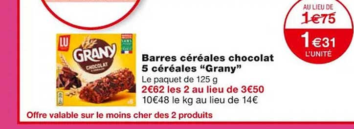 barres céréales chocolat 5 céréales "grany"