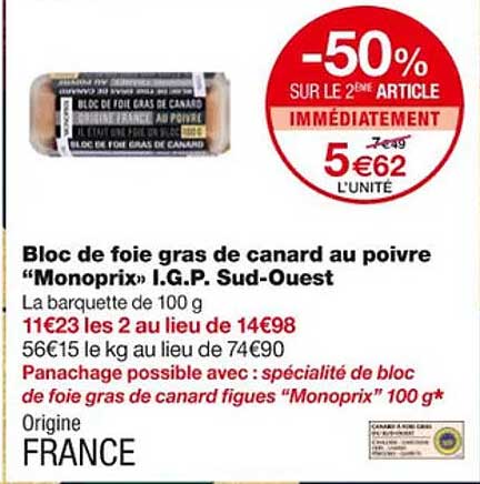 bloc de foie gras de canard au poivre "monoprix" i.g.p. sud-ouest