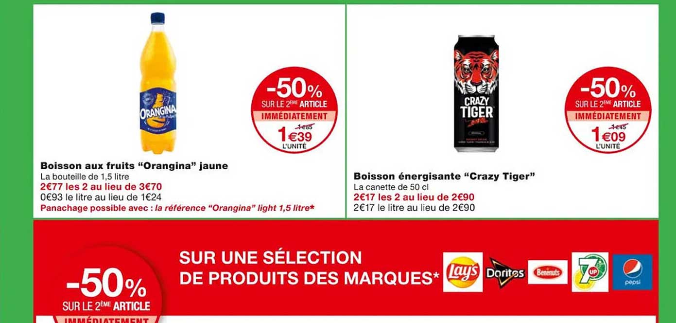 boisson aux fruits "orangina" jaune, boisson énergisante "crazy tiger"