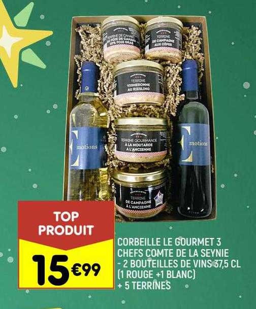 corbeille le gourmet 3 chefs compte de la seynie - 2 bouteilles de vins 37,5 cl (1 rouge + 1 blanc) + 5 terrines