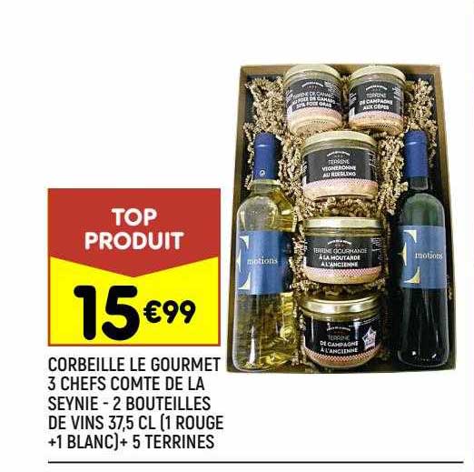corbeille le gourmet 3 chefs comte de la seynie - 2 bouteilles de vins 37,5 cl (1 rouge + 1 blanc) + 5 terrines