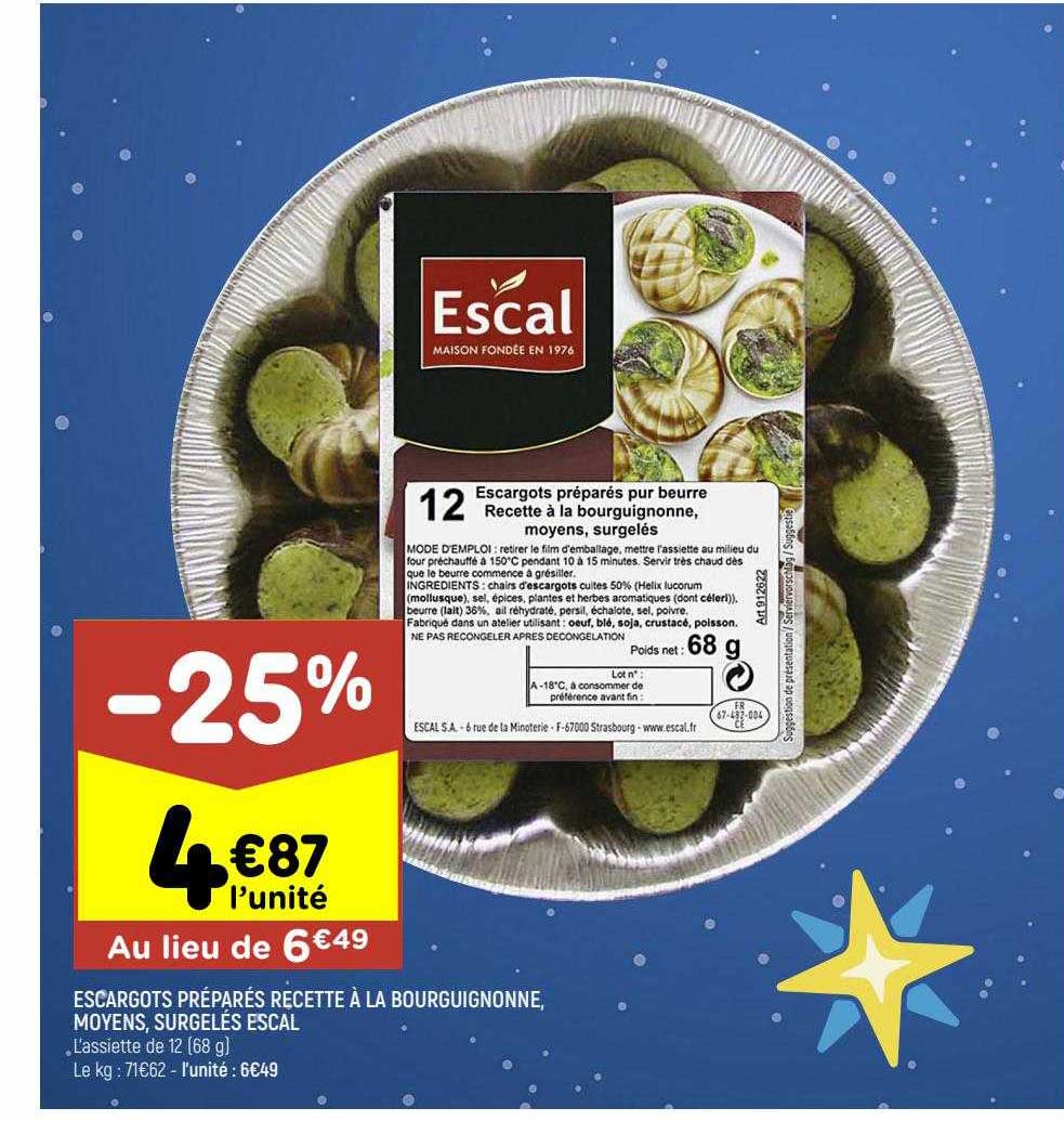 escargots préparés recette à la bourguignonne, moyens, surgelés escal