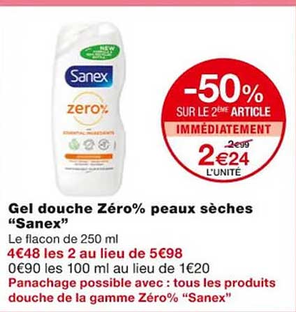 gel douche zéro % peaux sèches "sanex"