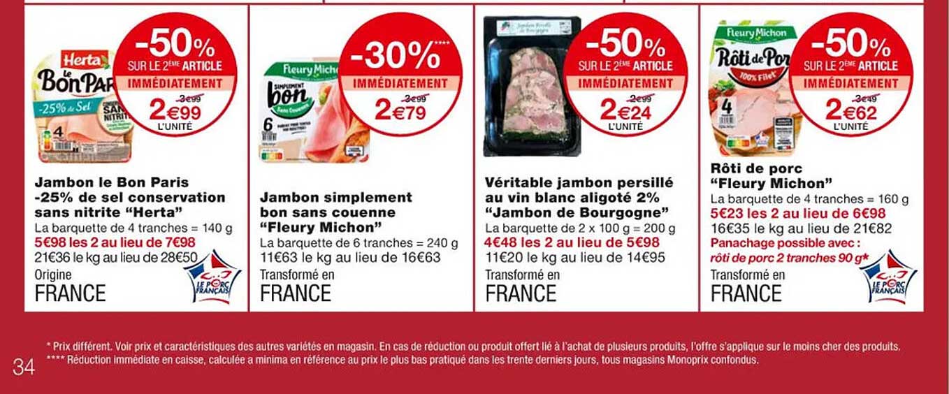 jambon le bon paris -25% de sel conservation sans nitrite "herta", jambon simplement bon sans couenne "fleury michon", véritable jambon persillé au vin blanc aligoté 2%  "jambon de bourgogne"