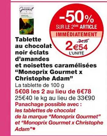 tablette au chocolat noir éclats d'amandes et noisettes caramélisées "monoprix gourmet x christophe adam"