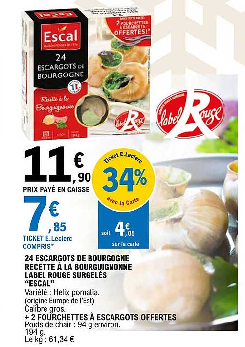 24 escargots de bourgogne recette à la bourguignonne label rouge surgelés "escal"