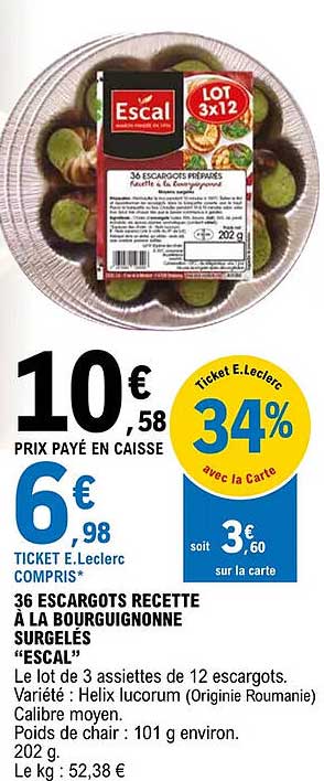 36 escargots recette à la bourguignonne surgelés "escal"
