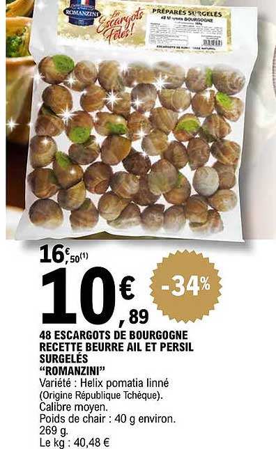 48 escargots de bourgogne recette beurre ail et persil surgelés "romanzini"