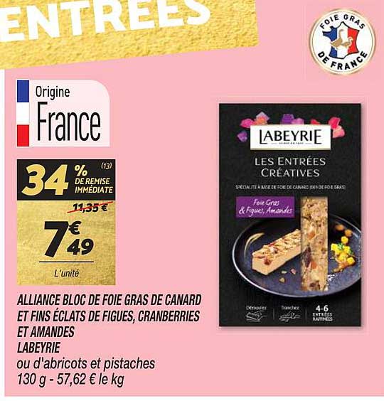 alliance bloc de foie gras de canard et fins éclats de figues, cranberries et amandes labeyrie