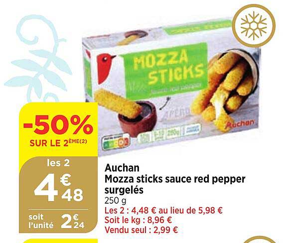 auchan mozza sticks sauce red pepper surgelés -50% sur le 2ème