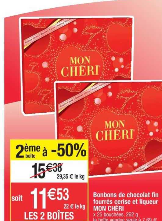 bonbons de chocolat fin fourrés cerise et liqueur mon chéri